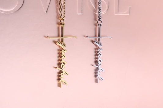 Grateful Script Cross Necklace